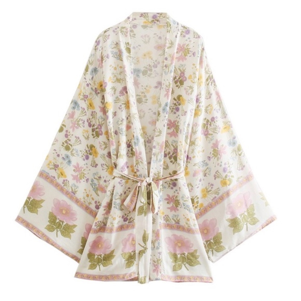 Spring Meadows Boho Floral Short Open Kimono Wrap
